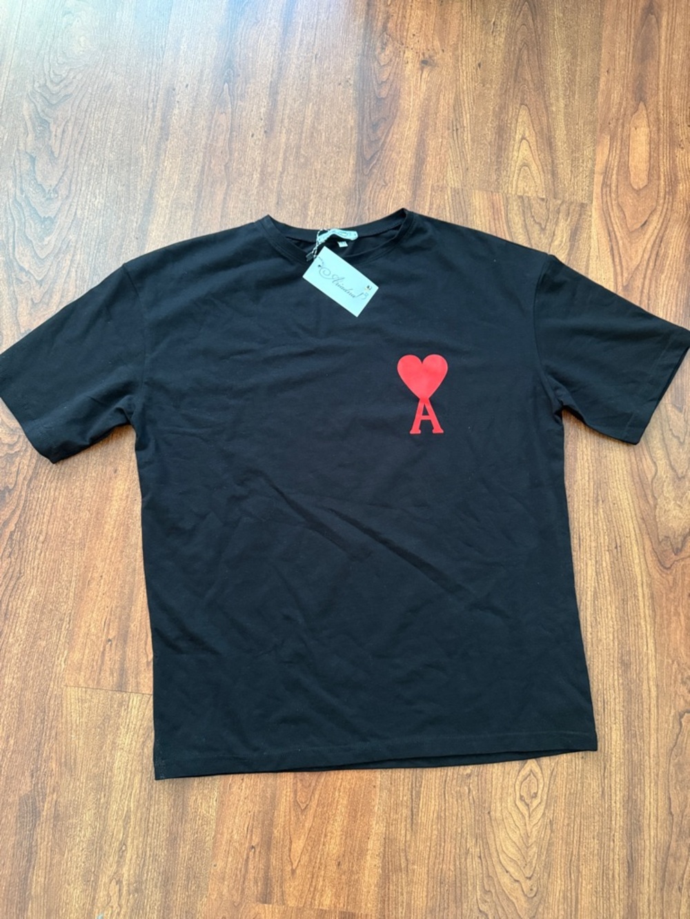 Black Short-Sleeve Tee with Red Heart 'A' Motif